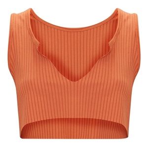 PRETTYLITTLETHING Burnt Orange Rib Deep V Raw Edge Crop Top